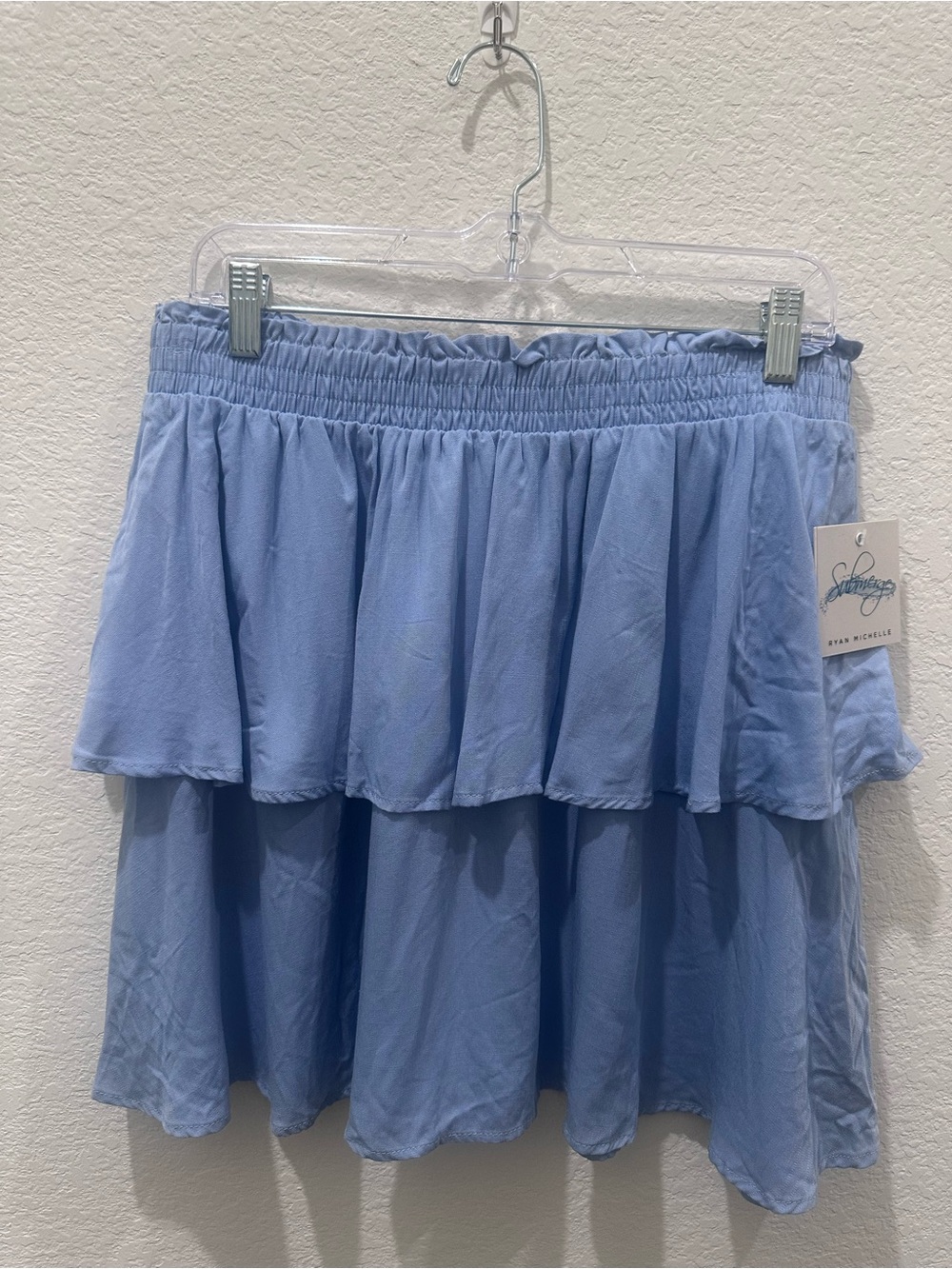 Submerge Ryan Michelle Sky Blue Tiered Ruffle Mini Skirt Smocked Waist XL NWT